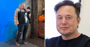Heavily pregnant woman holding a baby and smiling at the camera next to a pumpkin display and Elon Musk's face