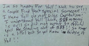 Hand-written note on a card wishing someone a happy wedding and saying they're not sending much money since the couple doesn't like capitalism
