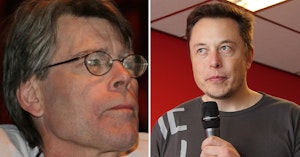 Stephen King's head as he looks to the right and Elon Musk holding a microphone to his face