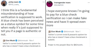 Philip Lewis tweet explaining why the $8 for a blue check system on Twitter makes no sense and "transgender marx" tweet threatening to use the check to spread misinformation