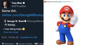Fake Tony Blair Twitter account quote tweeting to agree with fake George W. Bush account that said "I miss killing Iraqis" and fake Nintendo account tweeting an image of Mario giving the finger
