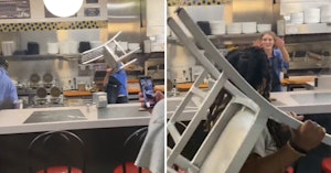 Screenshots from a Waffle House brawl video showing a worker behind the counter blocking an incoming thrown chair and beckoning to a customer holding another chair in the foreground
