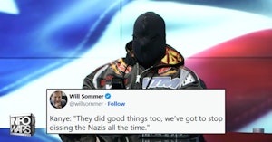 Kanye West in a full black hood with only slits for the eyes on InfoWars with Will Sommer tweet quoting him praising Nazis