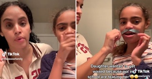 Mother and daughter in a TikTok video preparing to wax off the kid's upper lip hair