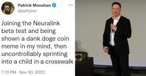 Patrick Monahan tweet joking about the effects of Neuralink and Elon Musk standing next to a couch holding a microphone