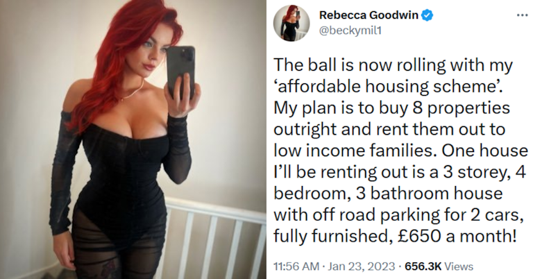 Rebecca Goodwin taking a photo of herself with her phone in a black dress and a tweet from her reading: "The ball is now rolling with my ‘affordable housing scheme’. My plan is to buy 8 properties outright and rent them out to low income families. One house I’ll be renting out is a 3 storey, 4 bedroom, 3 bathroom house with off road parking for 2 cars, fully furnished, £650 a month!"