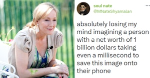 J.K. Rowling leaning forward in a chair outdoors and "soul nate" tweet reading "absolutely losing my mind imagining a person with a net worth of 1 billion dollars taking even a millisecond to save this image onto their phone."