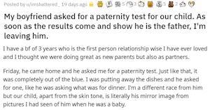Screenshot of part of a Reddit post titled: "My boyfriend asked for a paternity test for our child. As soon as the results come and show he is the father, I'm leaving him."
