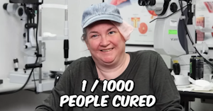 Woman sitting in an ophthalmologist's office smiling at the camera with the overlay text at the bottom reading "1/1000 people cured"