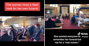 TikTok video of a dance group making their way down a church aisle at a funeral and then dancing at the front