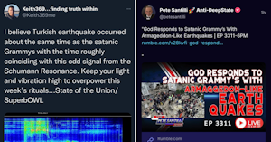 Two tweets suggesting the God caused the 7.8-magnitude earthquake in Turkey and Syria because of the performance of "Unholy" at the 2023 Grammys