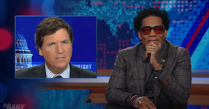 D.L. Hughley guest hosting The Daily Show with his hand on his chin next to an image of Tucker Carlson