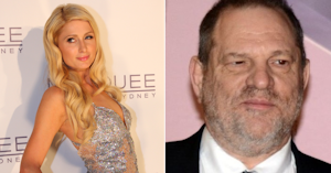 Paris Hilton posing in a silver dress at a nightclub opening and Harvey Weinstein in a suit looking to the right