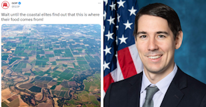 GOP account tweet with a photo of farmland taken from a plane and congressional photo of U.S. Rep. Josh Harder