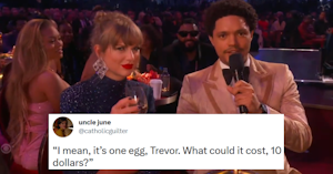 Trevor Noah speaking into the mic while sitting next to Taylor Swift, who is making a confused face at the camera, and an overlaid tweet reading "I mean, it’s one egg, Trevor. What could it cost, 10 dollars?"