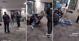 Angry man at an airport gate arguing with police, then struggling on the ground with two cops, then on his stomach getting handcuffed.