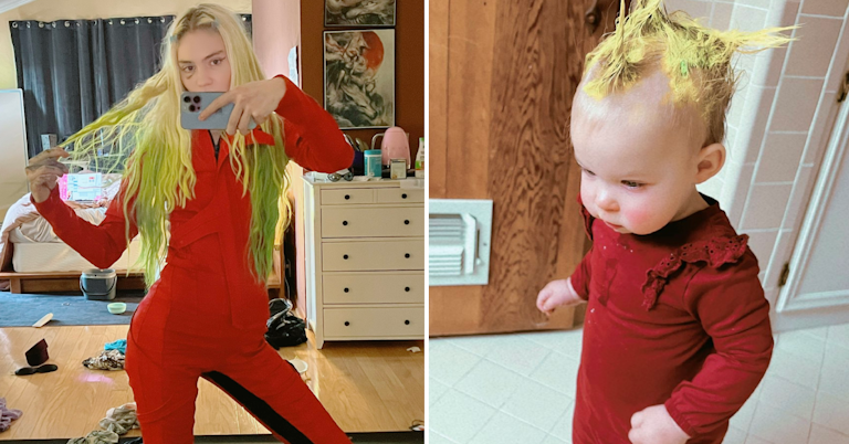 Grimes posing for a mirror selfie in a red jumpsuit and holding out a stand of her yellow dyed hair and her daughter Y in a similar outfit with spiked hair of the same color.