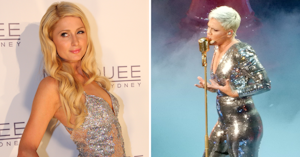 Paris Hilton posing in a silver dress for a nightclub opening and Pink performing on stage in a silver jumpsuit at Madison Square Garden.
