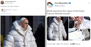 Quote tweet of the AI image of Pope Francis in a large white puffer coat reading "Our father, who drip in heaven" and another tweet including photos of the Pope with a mic and signing a white car reading asking "What would be the name of the Pope Francis lifestyle brand?"