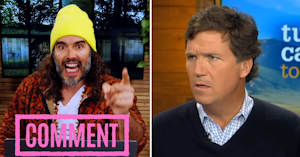 Russell Brand pointing a finger at the camera with boxed pink text reading "COMMENT" and Tucker Carlson making the usual face.