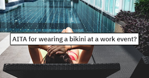 Woman in a lounge chair wearing a pink bikini in front of a pool photographed from behind the chair and Reddit headline reading "AITA for wearing a bikini at a work event?"