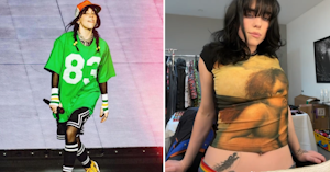 Billie Eilish on stage in a bright green jersey and baseball cap and her in a dressing room posing in a crop top featuring a cherub painted in a classical style.