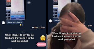 Group chat with a screen shot of a receipt for two lunch items and apology texts and a young woman in a tan sweatshirt placing her hand over her face in shame.