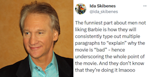 Bill Maher in a green shirt and black jacket smiling and looking to the left and a tweet reading "The funniest part about men not liking Barbie is how they will consistently type out multiple paragraphs to 'explain' why the movie is 'bad' - hence underscoring the whole point of the movie. And they don’t know that they’re doing it lmaooo."