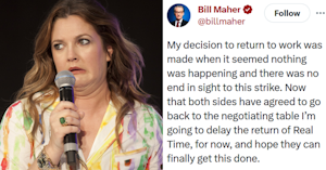 Drew Barrymore in a multicolored shirt holding a mic to her face and grimacing and a Bill Maher tweet reading "My decision to return to work was made when it seemed nothing was happening and there was no end in sight to this strike. Now that both sides have agreed to go back to the negotiating table I’m going to delay the return of Real Time, for now, and hope they can finally get this done."
