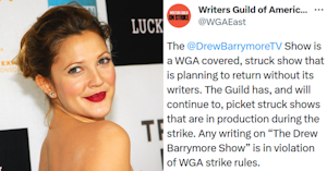 Drew Barrymore smiling over her shoulder at the premier of "Lucky You" and a WGA East tweet reading "@DrewBarrymoreTV Show is a WGA covered, struck show that is planning to return without its writers. The Guild has, and will continue to, picket struck shows that are in production during the strike. Any writing on 'The Drew Barrymore Show' is in violation of WGA strike rules."