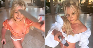 Britney Spears in different outfits dancing in her kitchen with a pair of knives.