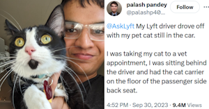 A man in a black shirt and glasses taking a selfie with a tuxedo cat wearing a collar that reads "Tux" and a tweet reading "@AskLyft My Lyft driver drove off with my pet cat still in the car. I was taking my cat to a vet appointment, I was sitting behind the driver and had the cat carrier on the floor of the passenger side back seat."