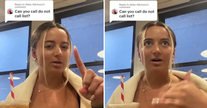Woman in a white jacket holding a frozen coffee drink and speaking to the camera under a TikTok comment reading "Can you call do not call list?"
