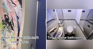A shot of how little space there is between a plane passenger's stomach and the seat in front of them and an airplane bathroom.
