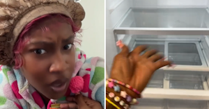 A woman in a colorful robe and bonnet with her hand on her chest speaking to the camera and a shot of an empty refrigerator interior with a blurry hand in the foreground gesturing to it.