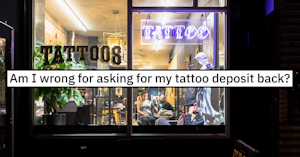 A tattoo parlor window with neon signs taken from outside at night with an artist and customer inside, overlaid with a Reddit headline reading "Am I wrong for asking for my tattoo deposit back?"