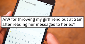 Someone holding a cell phone opened to compose a new Gmail message overlaid with a Reddit headline reading "AiW for throwing my girlfriend out at 2am after reading her messages to her ex?"