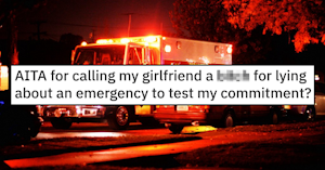 A fire department ambulance flashing its lights in a neighborhood at night overlaid with a Reddit headline reading "AITA for calling my girlfriend a b---h for lying about an emergency to test my commitment?"