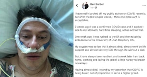 Ben Barber with a breathing tube and his post saying he still thinks masks are stupid