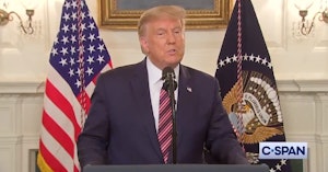 Donald Trump giving a press conference on misleading the public about the coronavirus pandemic